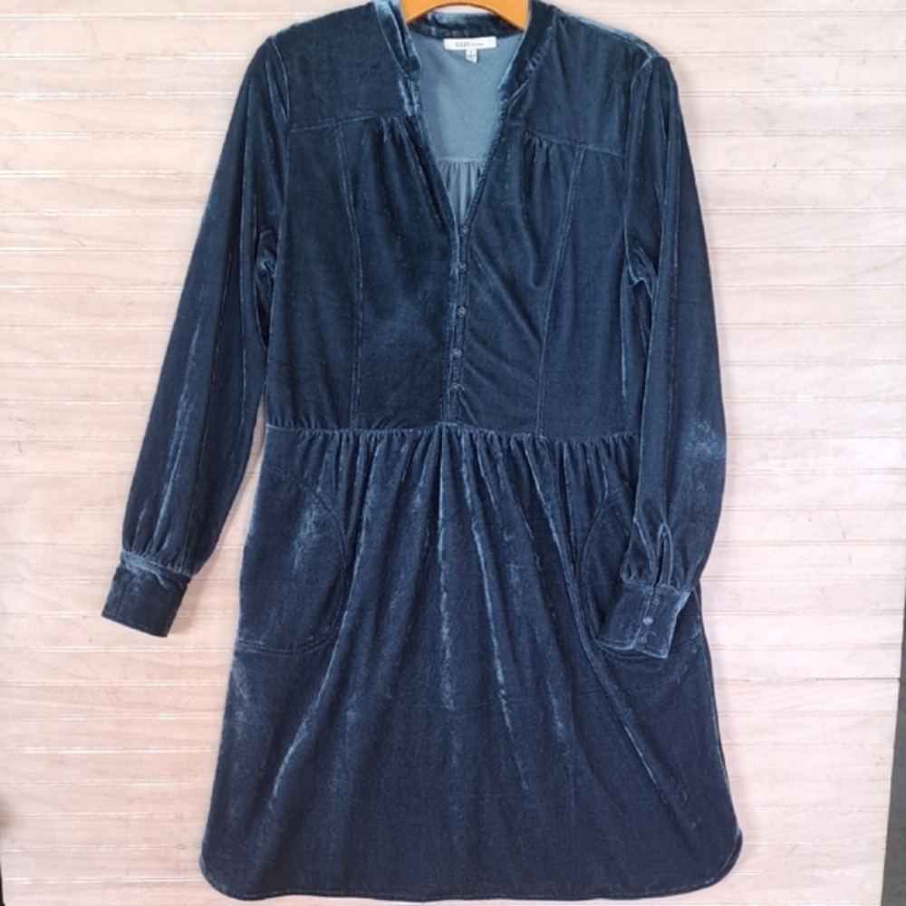Cozy Casual Velvet Long Sleeve Button Front Pockets Dark Teal Relaxed Fit Dress - Picture 1 of 12